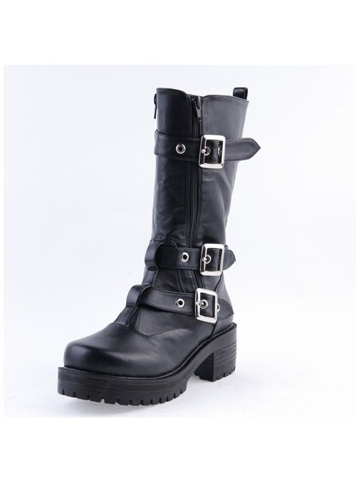 Black 2.2" High Heel Gorgeous Patent Leather Ankle Straps Punk Style Women's Lolita Boots