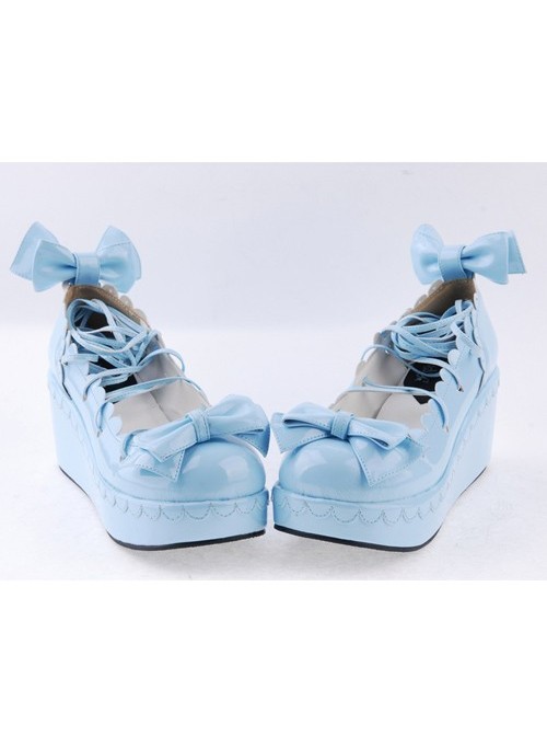 Sky-blue 2.8" High Heel Lovely Polyurethane Scalloped Bowknot Platform Girls Lolita Shoes