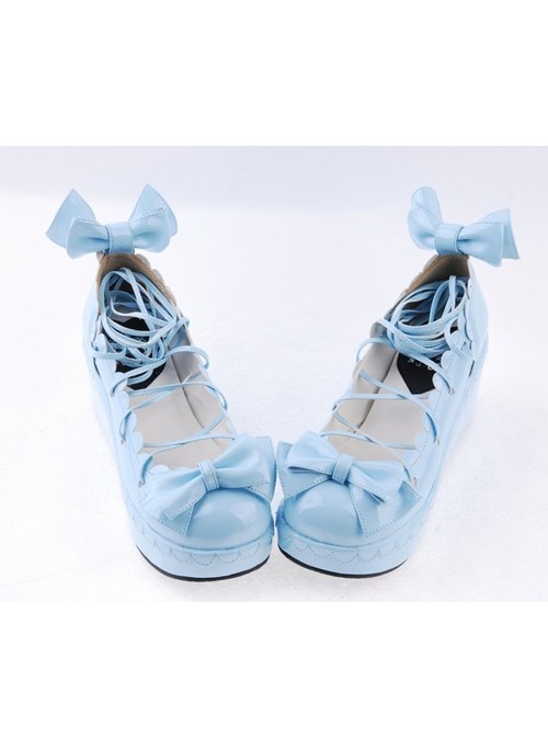 Sky-blue 2.8" High Heel Lovely Polyurethane Scalloped Bowknot Platform Girls Lolita Shoes