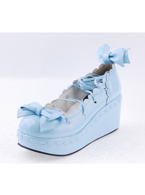 Sky-blue 2.8" High Heel Lovely Polyurethane Scalloped Bowknot Platform Girls Lolita Shoes