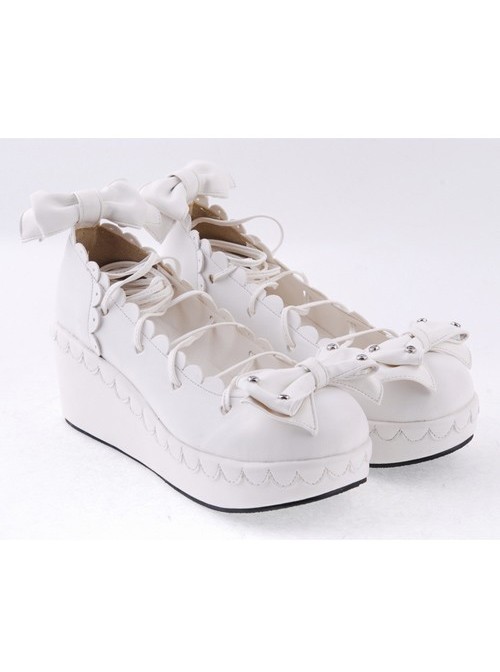 White 2.8" High Heel Adorable Synthetic Leather Scalloped Bow Decoration Platform Girls Lolita Shoes