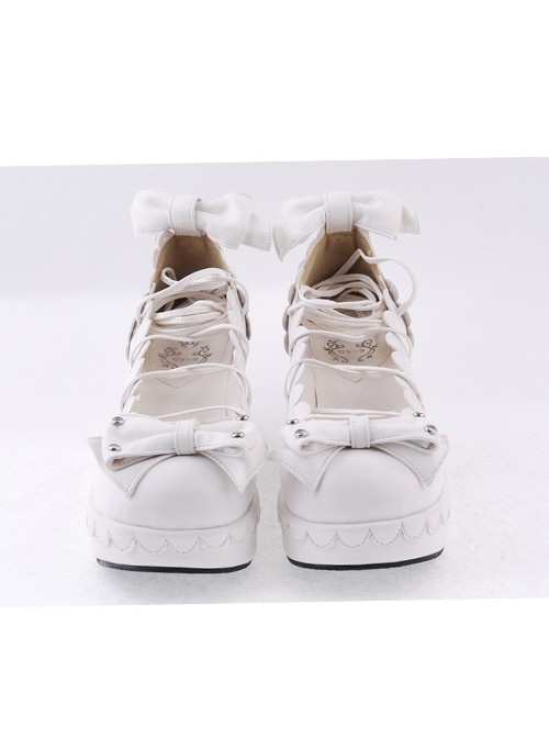 White 2.8" High Heel Adorable Synthetic Leather Scalloped Bow Decoration Platform Girls Lolita Shoes