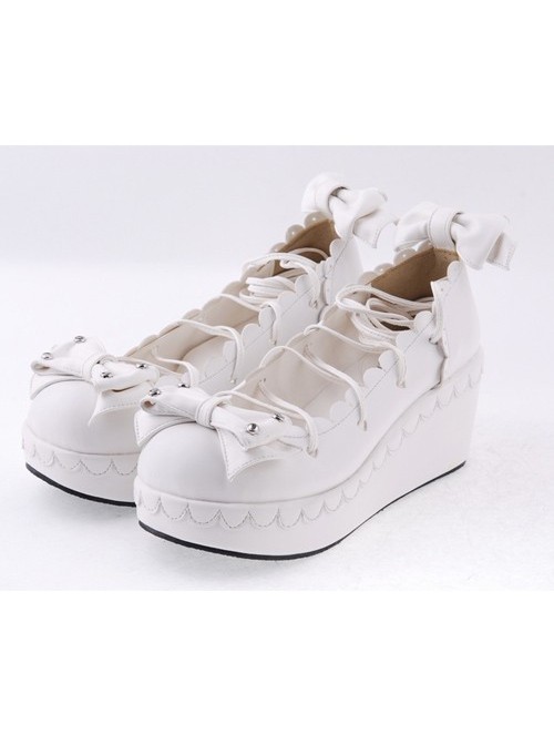 White 2.8" High Heel Adorable Synthetic Leather Scalloped Bow Decoration Platform Girls Lolita Shoes