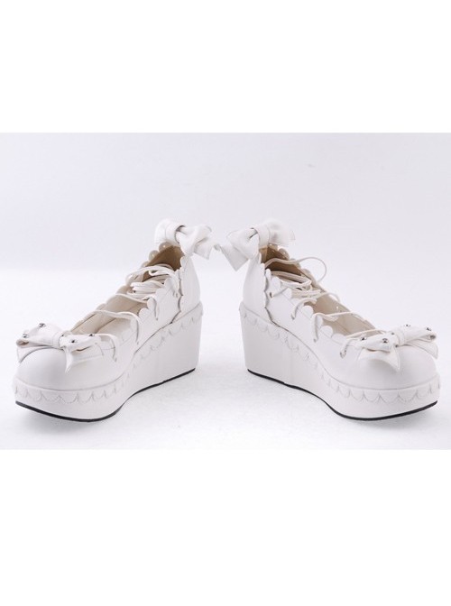 White 2.8" High Heel Adorable Synthetic Leather Scalloped Bow Decoration Platform Girls Lolita Shoes