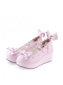 Pink 2.8" High Heel Cute PU Scalloped Bowknot Platform Girls Lolita Shoes