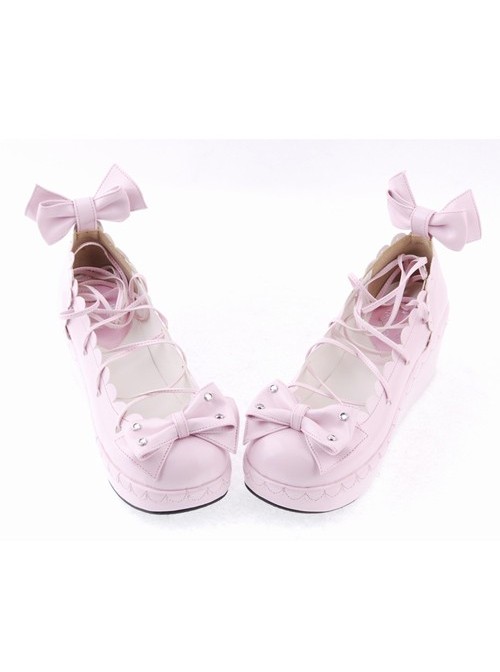 Pink 2.8" High Heel Cute PU Scalloped Bowknot Platform Girls Lolita Shoes