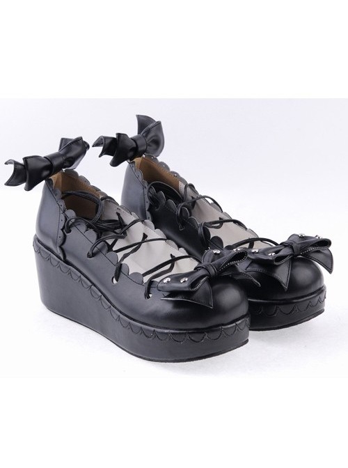 Black 2.8" High Heel Charming Patent Leather Scalloped Bow Platform Girls Lolita Shoes