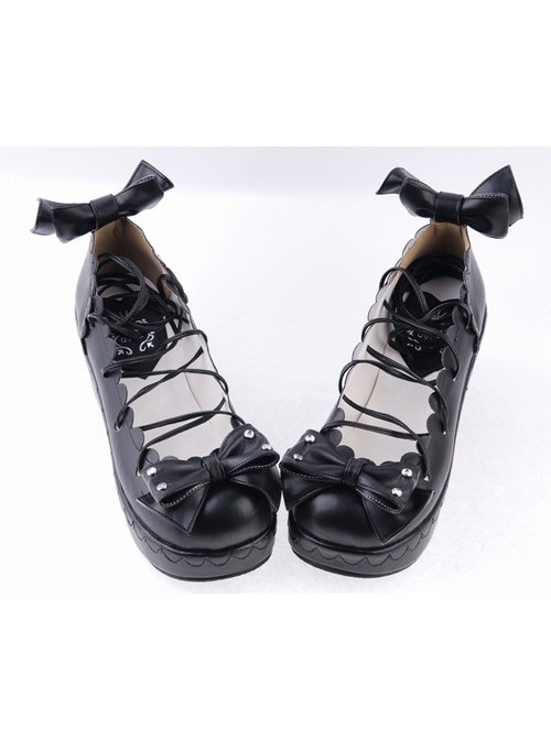 Black 2.8" High Heel Charming Patent Leather Scalloped Bow Platform Girls Lolita Shoes