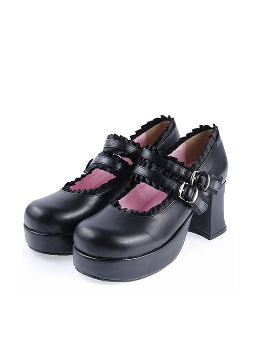 Black 3" High Heel Classical Polyurethane Scalloped Cross Straps Buckle Platform Girls Lolita Shoes