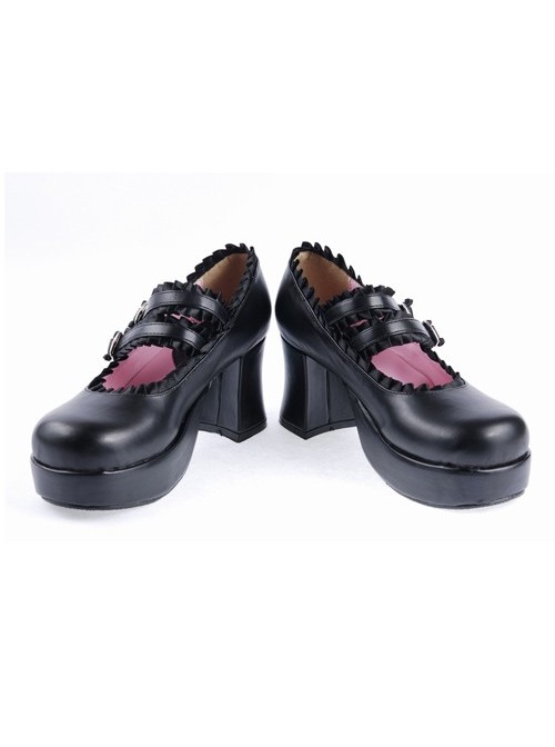 Black 3" High Heel Classical Polyurethane Scalloped Cross Straps Buckle Platform Girls Lolita Shoes