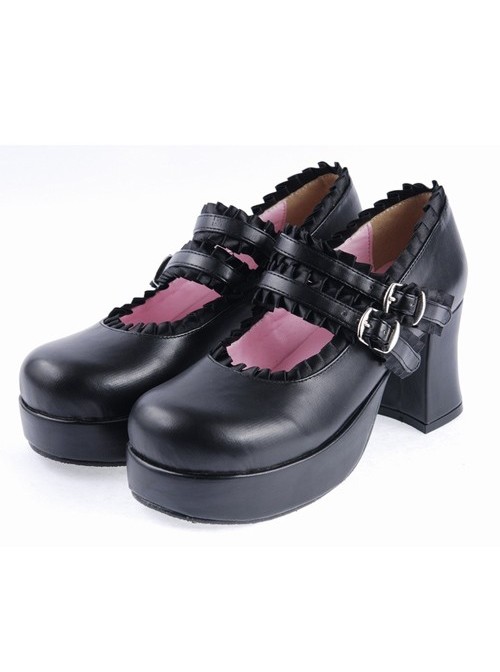 Black 3" High Heel Classical Polyurethane Scalloped Cross Straps Buckle Platform Girls Lolita Shoes