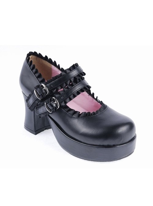 Black 3" High Heel Classical Polyurethane Scalloped Cross Straps Buckle Platform Girls Lolita Shoes