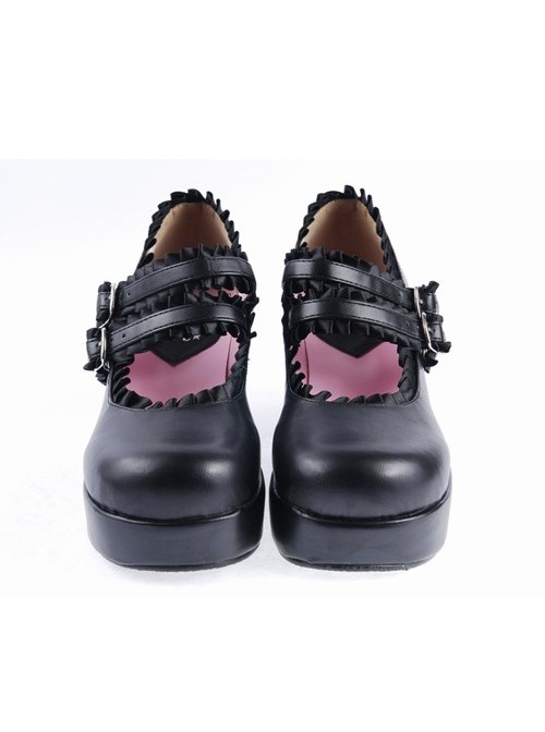 Black 3" High Heel Classical Polyurethane Scalloped Cross Straps Buckle Platform Girls Lolita Shoes