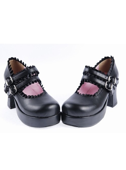 Black 3" High Heel Classical Polyurethane Scalloped Cross Straps Buckle Platform Girls Lolita Shoes