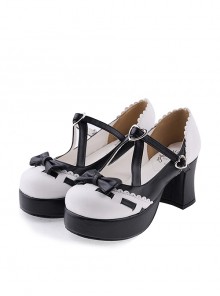 Black & White 3" High Heel Special Synthetic Leather Strap Bow Decoration Platform Girls Lolita Shoes