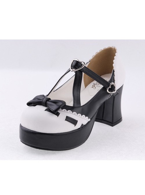 Black & White 3" High Heel Special Synthetic Leather Strap Bow Decoration Platform Girls Lolita Shoes