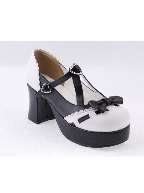 Black & White 3" High Heel Special Synthetic Leather Strap Bow Decoration Platform Girls Lolita Shoes