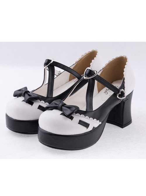 Black & White 3" High Heel Special Synthetic Leather Strap Bow Decoration Platform Girls Lolita Shoes