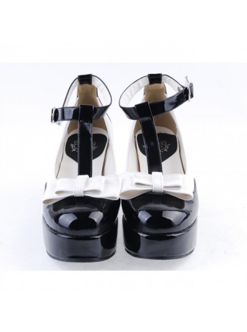 Black & White 3" High Heel Charming PU Ankle Straps Pointed Toe Bow Platform Girls Lolita Shoes