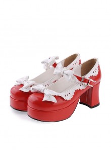 Red & White 3" High Heel Sexy Patent Leather Round Toe Strap Bow Platform Girls Lolita Shoes