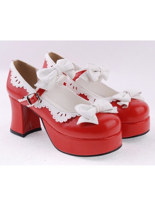 Red & White 3" High Heel Sexy Patent Leather Round Toe Strap Bow Platform Girls Lolita Shoes