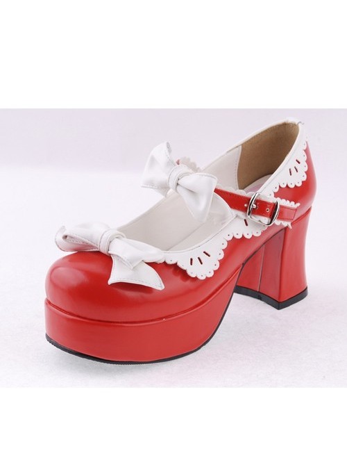 Red & White 3" High Heel Sexy Patent Leather Round Toe Strap Bow Platform Girls Lolita Shoes