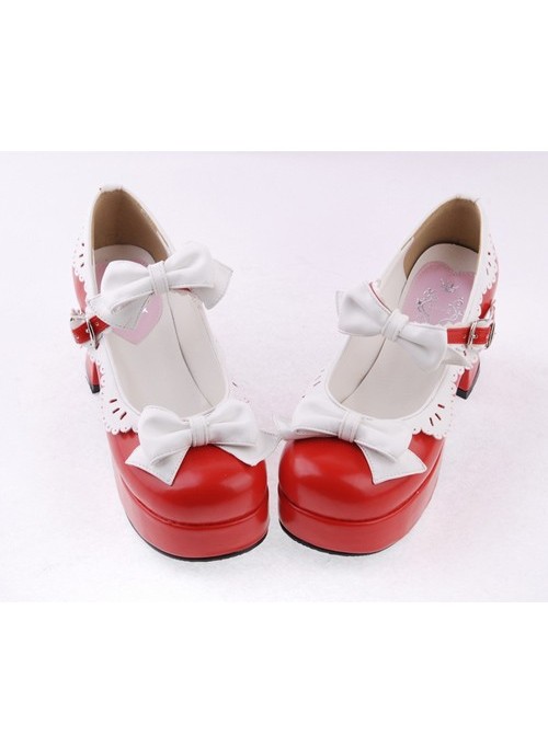 Red & White 3" High Heel Sexy Patent Leather Round Toe Strap Bow Platform Girls Lolita Shoes
