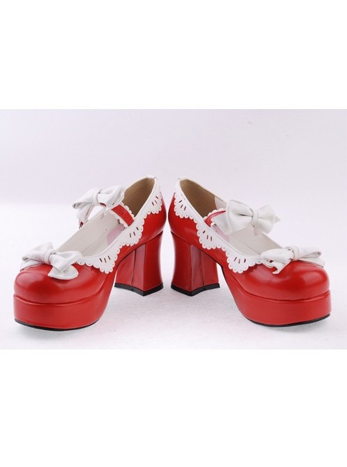 Red & White 3" High Heel Sexy Patent Leather Round Toe Strap Bow Platform Girls Lolita Shoes