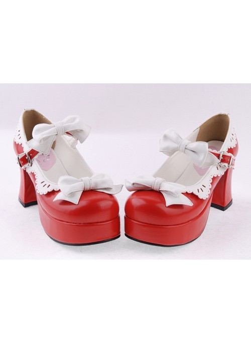 Red & White 3" High Heel Sexy Patent Leather Round Toe Strap Bow Platform Girls Lolita Shoes