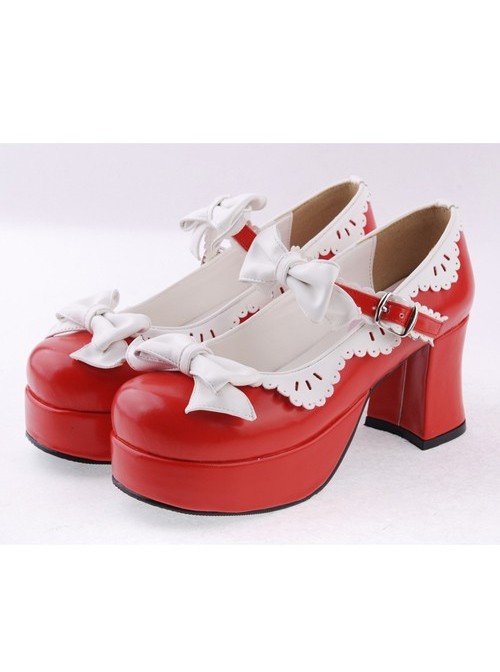 Red & White 3" High Heel Sexy Patent Leather Round Toe Strap Bow Platform Girls Lolita Shoes