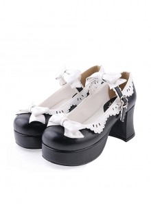 Black & White 3" High Heel Elegant Polyurethane Round Toe Strap Bow Decoration Platform Girls Lolita Shoes