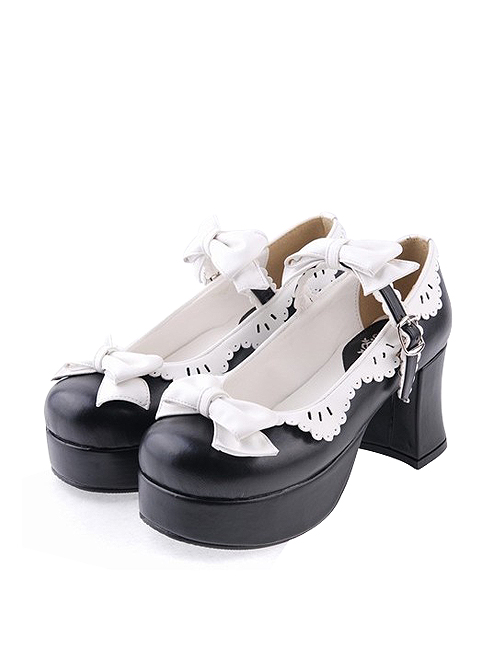 Black & White 3" High Heel Elegant Polyurethane Round Toe Strap Bow Decoration Platform Girls Lolita Shoes