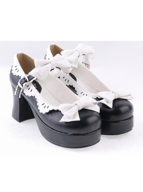 Black & White 3" High Heel Elegant Polyurethane Round Toe Strap Bow Decoration Platform Girls Lolita Shoes