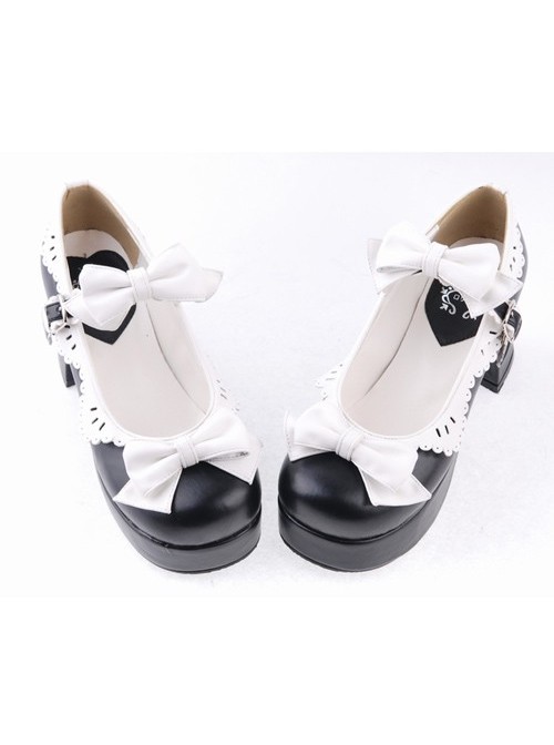 Black & White 3" High Heel Elegant Polyurethane Round Toe Strap Bow Decoration Platform Girls Lolita Shoes