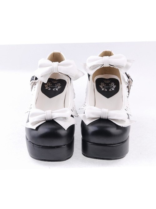 Black & White 3" High Heel Elegant Polyurethane Round Toe Strap Bow Decoration Platform Girls Lolita Shoes