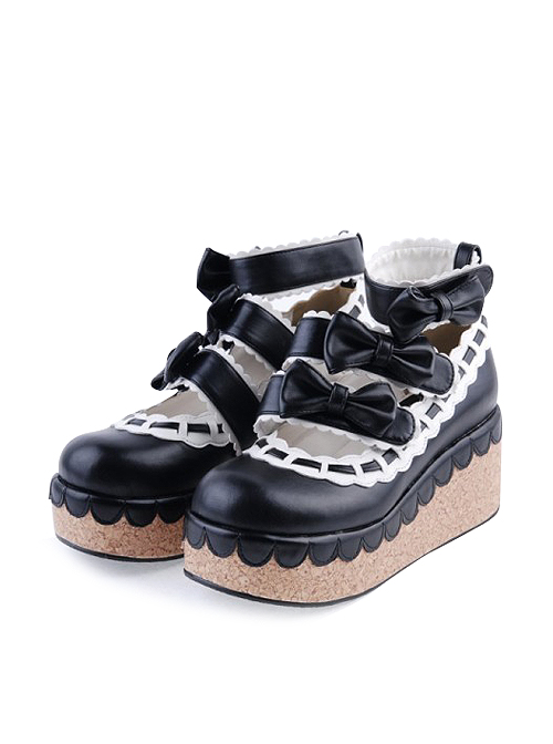 Black & White 2.8" High Heel Gorgeous Synthetic Leather Round Toe Ankle Straps Bowknot Platform Girls Lolita Shoes