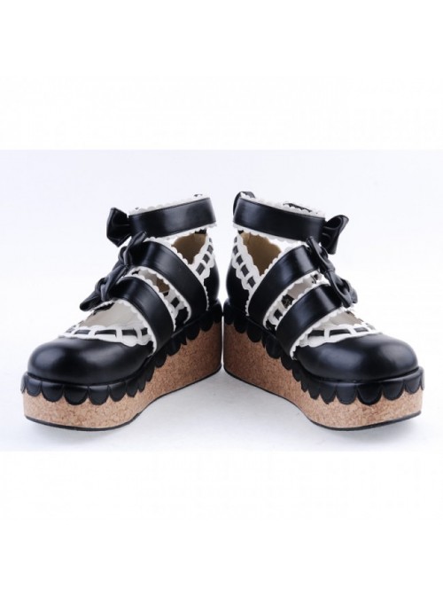 Black & White 2.8" High Heel Gorgeous Synthetic Leather Round Toe Ankle Straps Bowknot Platform Girls Lolita Shoes