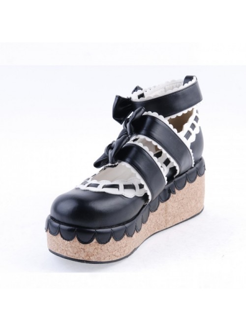 Black & White 2.8" High Heel Gorgeous Synthetic Leather Round Toe Ankle Straps Bowknot Platform Girls Lolita Shoes