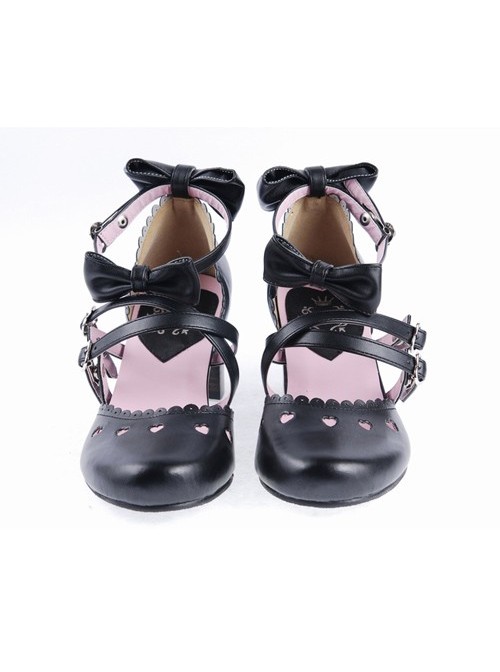 Black 2.6" High Heel Glamorous PU Round Toe Criss Cross Straps Bow Platform Girls Lolita Shoes