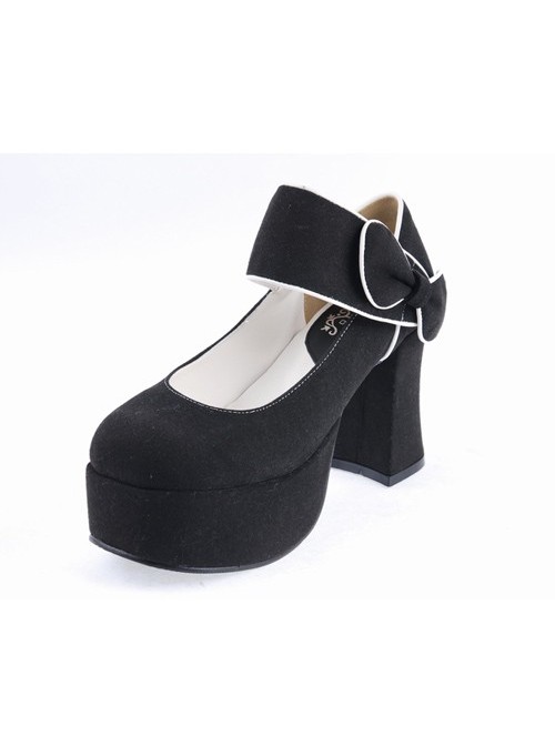 Black 3.7" High Heel Romantic Flannel Round Toe Bandage Platform Girls Lolita Shoes