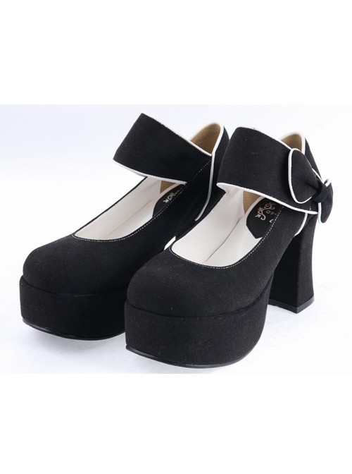 Black 3.7" High Heel Romantic Flannel Round Toe Bandage Platform Girls Lolita Shoes