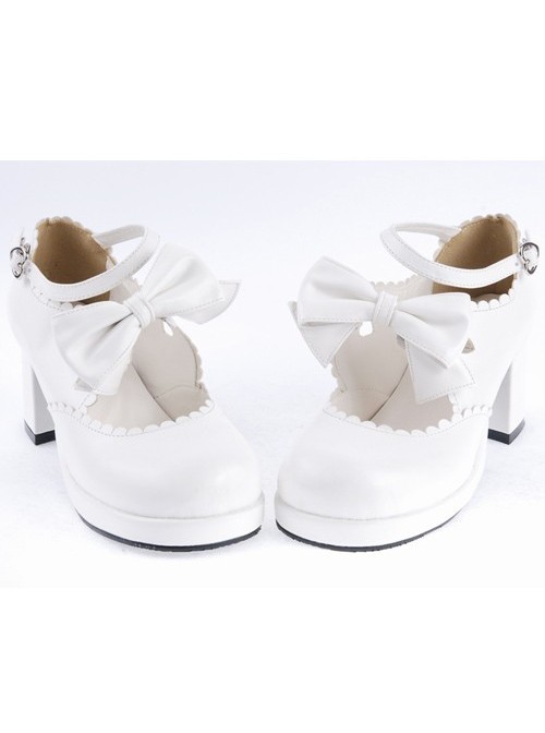 White 2.6" High Heel Lovely PU Round Toe Ankle Straps Bow Decoration Platform Girls Lolita Shoes