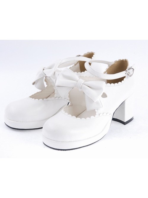 White 2.6" High Heel Lovely PU Round Toe Ankle Straps Bow Decoration Platform Girls Lolita Shoes