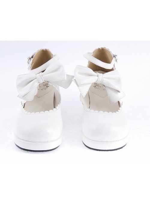 White 2.6" High Heel Lovely PU Round Toe Ankle Straps Bow Decoration Platform Girls Lolita Shoes