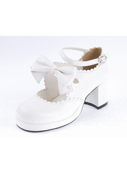 White 2.6" High Heel Lovely PU Round Toe Ankle Straps Bow Decoration Platform Girls Lolita Shoes