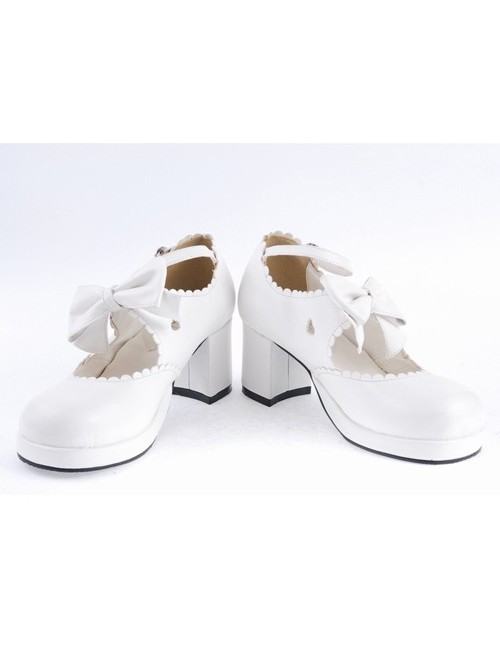 White 2.6" High Heel Lovely PU Round Toe Ankle Straps Bow Decoration Platform Girls Lolita Shoes