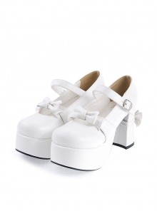 White 3.7" High Heel Adorable Patent Leather Round Toe Strap Bowknot Platform Girls Lolita Shoes