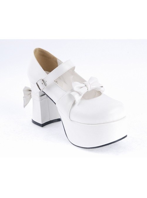 White 3.7" High Heel Adorable Patent Leather Round Toe Strap Bowknot Platform Girls Lolita Shoes