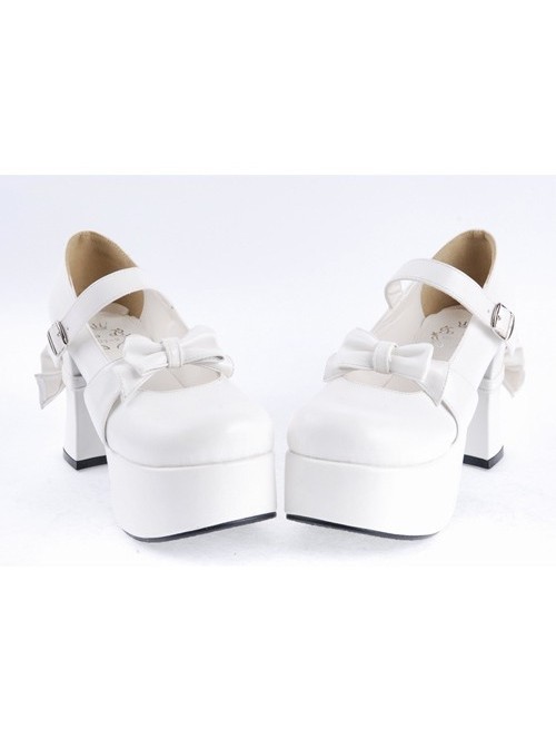 White 3.7" High Heel Adorable Patent Leather Round Toe Strap Bowknot Platform Girls Lolita Shoes