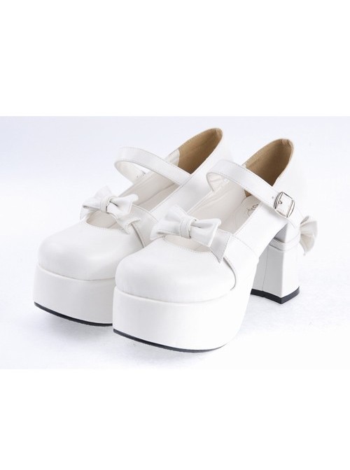 White 3.7" High Heel Adorable Patent Leather Round Toe Strap Bowknot Platform Girls Lolita Shoes